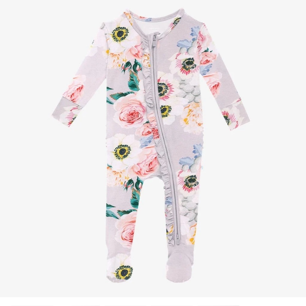 Posh Peanut French Gray Floral footsie sleeper newborn size snaps with ruffle